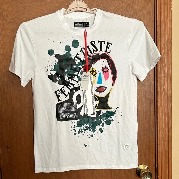 NWT Offbeat Short‎ Sleeve Graphic T Shirt White Embroidered Mens Sz S Small - Picture 2 of 11